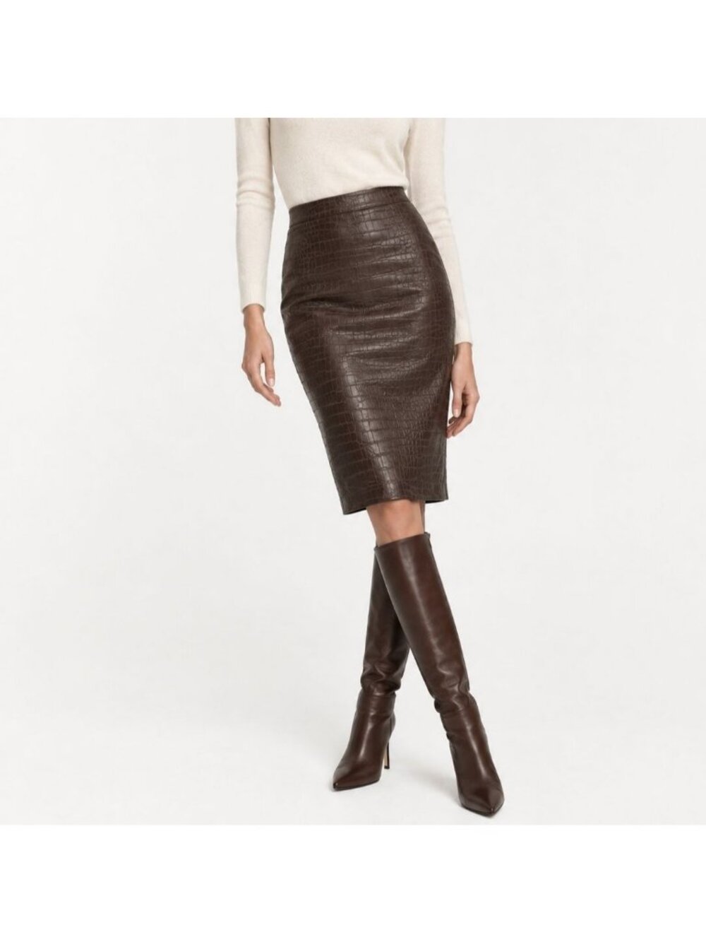 INC International Concepts Leather Skirt Chocolate Brown Croc Embossed Pencil 6